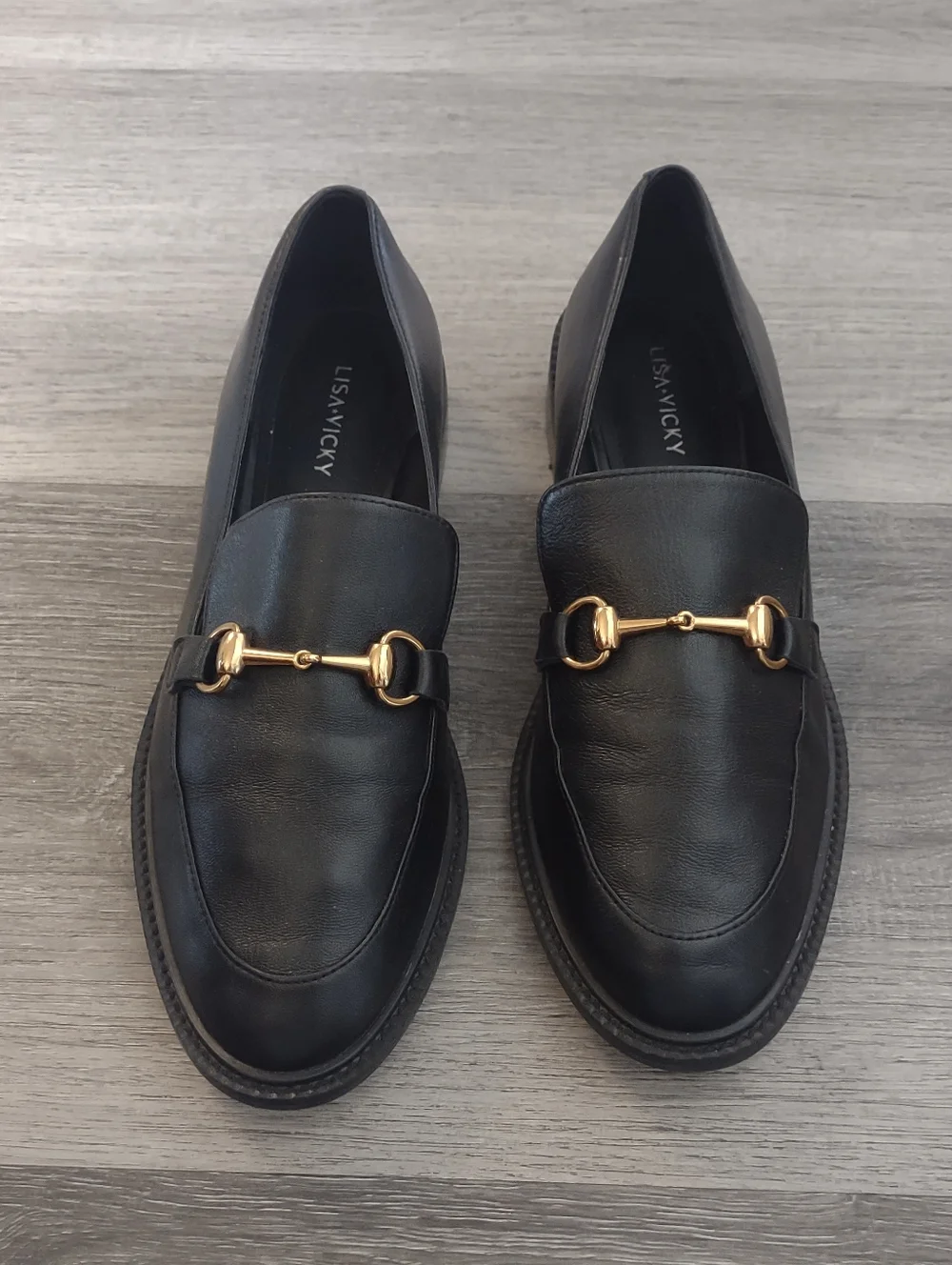 Lisa Vicky Black Gold Buckle Loafers